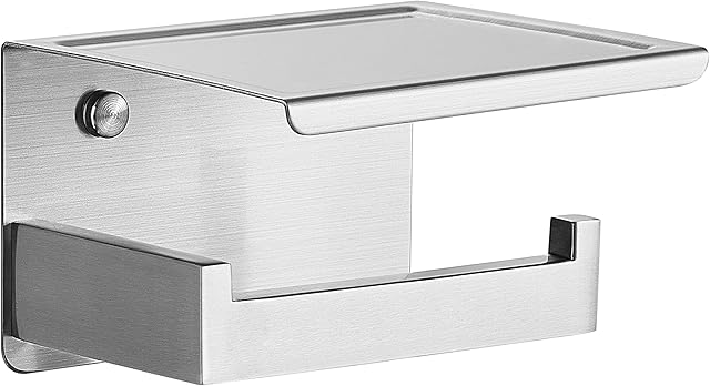 HITSLAM Brushed Nickel Toilet Roll Holder with Phone Shelf, Stick on Silver Toilet Paper Holder for Bathroom, SUS 304 Stainless Steel, Two Installation of Self-Adhesive and Wall Mounted