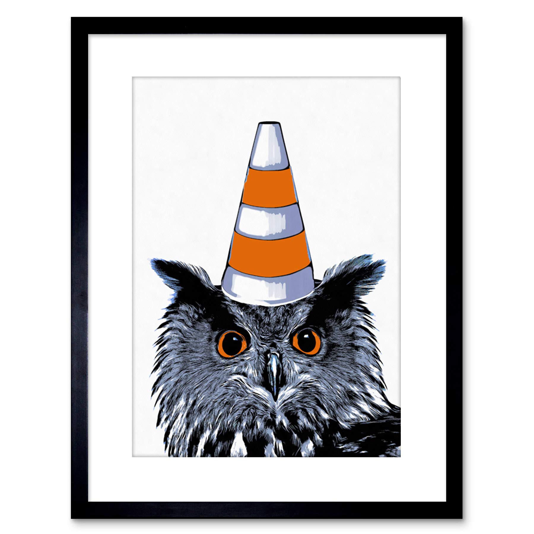 Wee Blue Coo PAINTING OWL WEARING TRAFFIC CONE GLASGOW STYLE FRAMED PRINT F97x11574