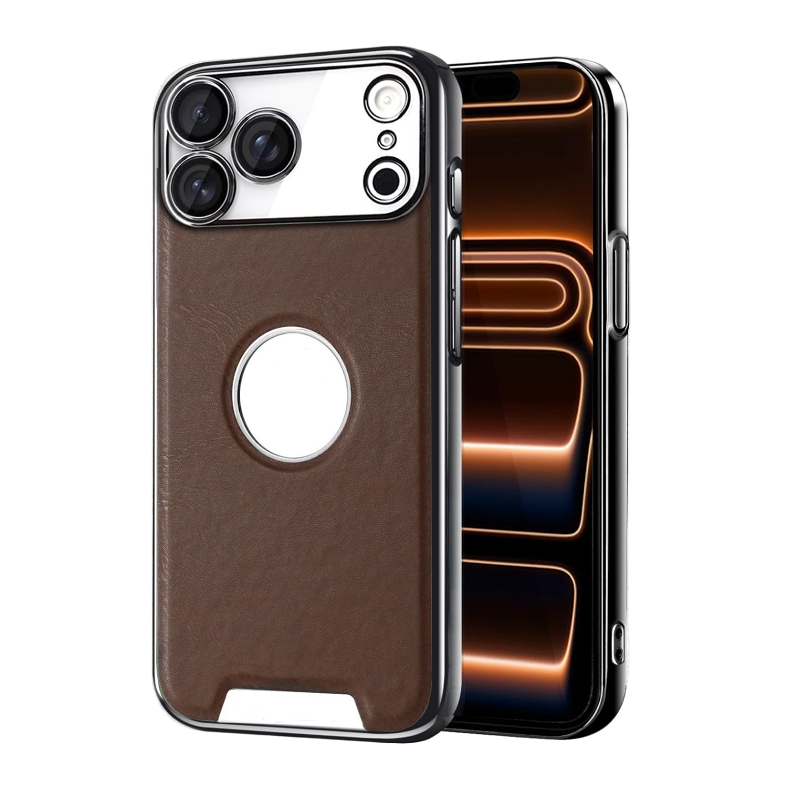 MFAOSHI Slim Case for iPhone 17 Pro Max/17 Pro/17 Air/17, Luxury Business Electroplated Leather Cover with Logo View Camera Protection Case,Brown,17 Pro