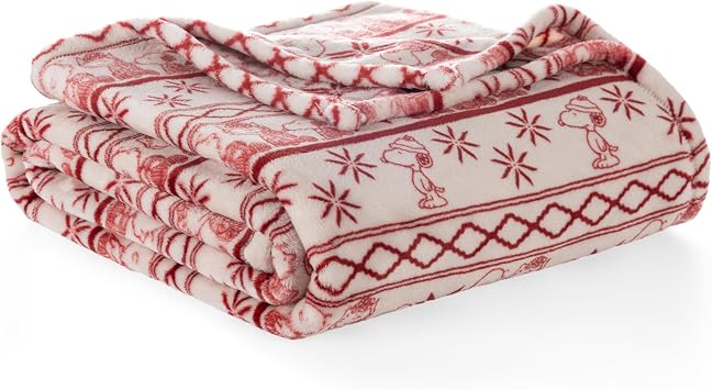 Berkshire Peanuts VelvetLoft Cute Character Snoopy Plush Throw Blanket,Cozy Fairisle Crimson Neutral,Throw 55 in x 70 in Official Peanuts Product