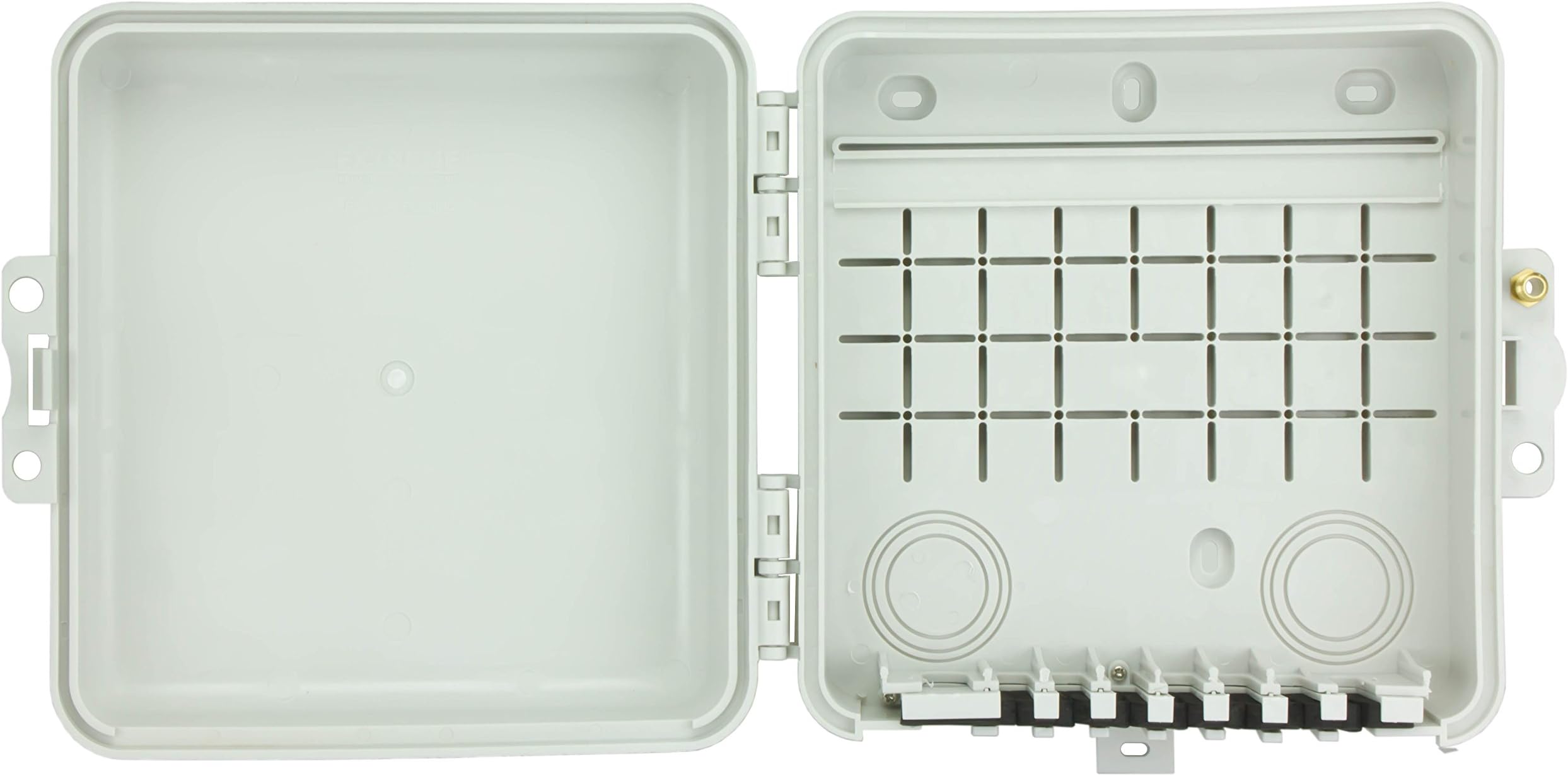 Extreme Broadband Premise Enclosure for Cable Installation. Quick Mount 9” x 9” x 3” Heavy Duty Box Features Cable Retention Slots and Continuous Bosses for Maximum Reliability and Quick Install.