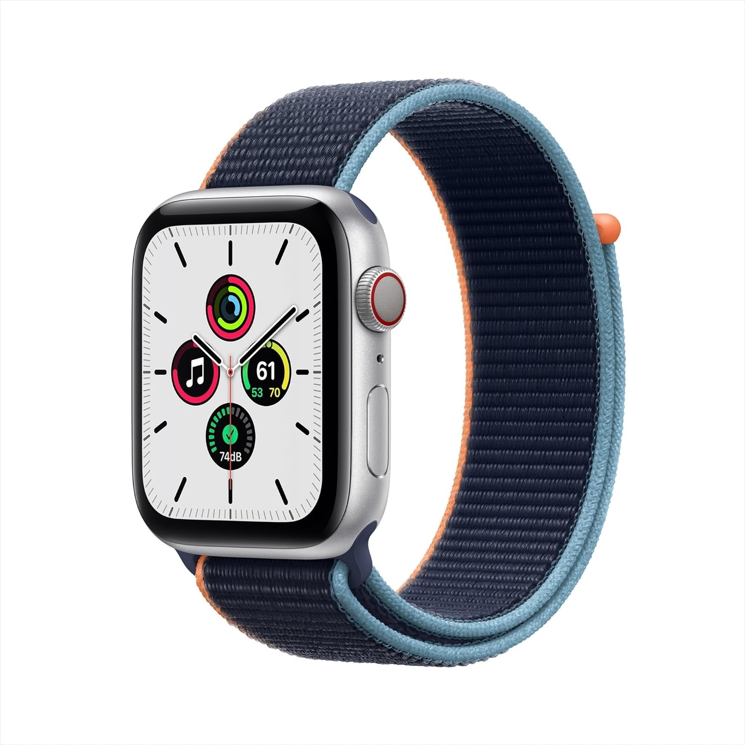 Apple Watch SE (GPS + Cellular, 44mm) - Silver Aluminum Case with Deep Navy Sport Loop (Renewed)