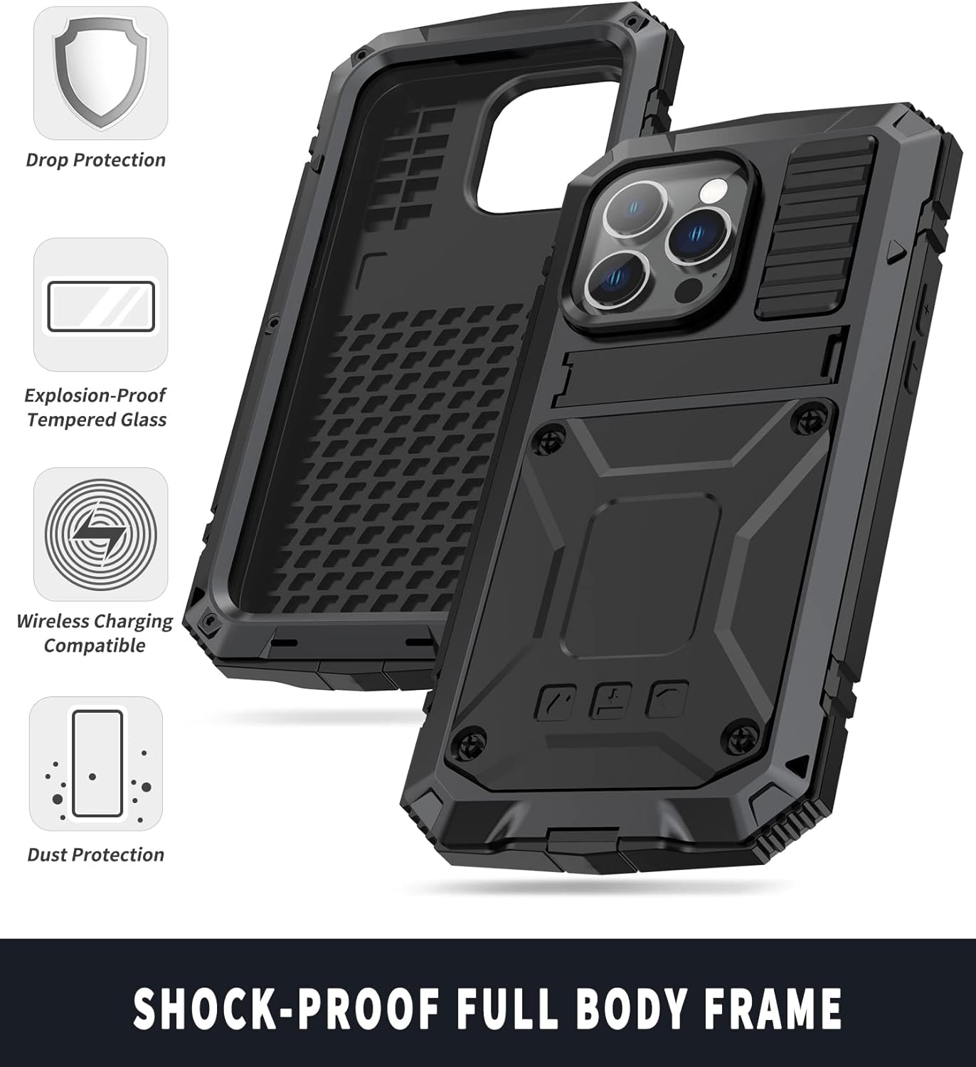 JGY Compatible with iPhone 14 Pro Max Metal Case with Kickstand Screen Protector Camera Cover Sturdy Military Armor Durable Full Body Heavy Duty Shockproof Drop Tested Outdoor case (Black)