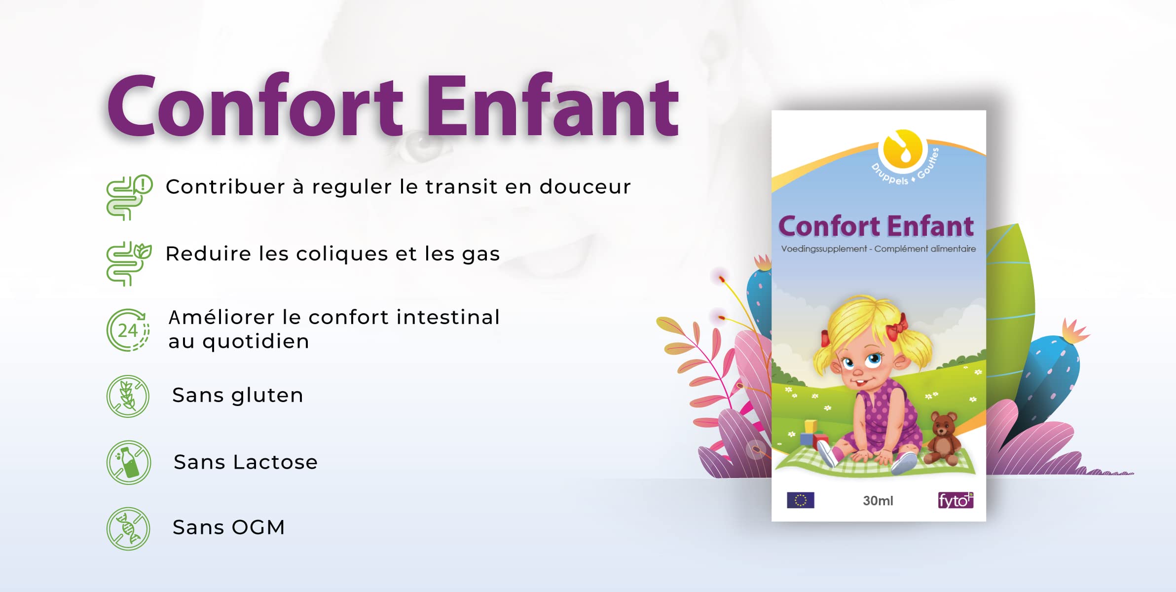 Confort Enfant 3+ – Gouttes Digestives Naturelles – Soulage le Ventre Sensible & Favorise la Digestion – Camomille, Fenouil, Carvi –Clean Label - 30 ml
