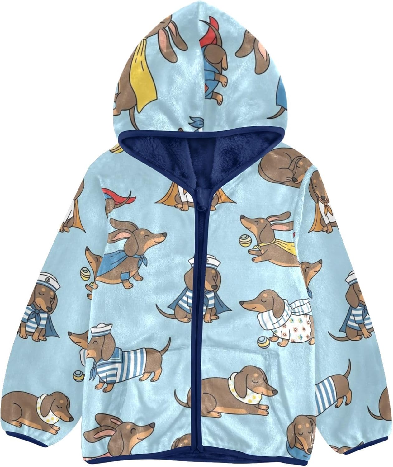 GuoChe Cartoon Dachshund Dogs Pattern Hooded Fleece Jacket Toddler Children Plush Jackets