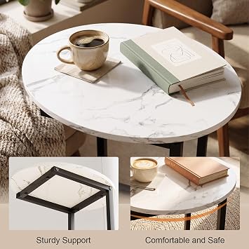C Shaped End Side Table, Small Oval Couch Sofa Table for Bed, Snack Side Table with Metal Frame, TV Tray Table for Small Space, Living Room, Bedroom, Bedside 2Pcs(White Marble)