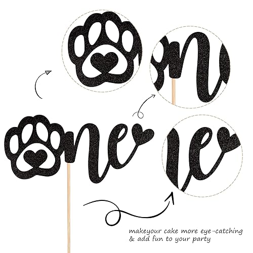 Miniatura 3 de 1 pieza de decoración de pastel con purpurina negra para el primer cumpleaños de perro con diseño de pata de perro para cachorro, tema Let's Pawty,
