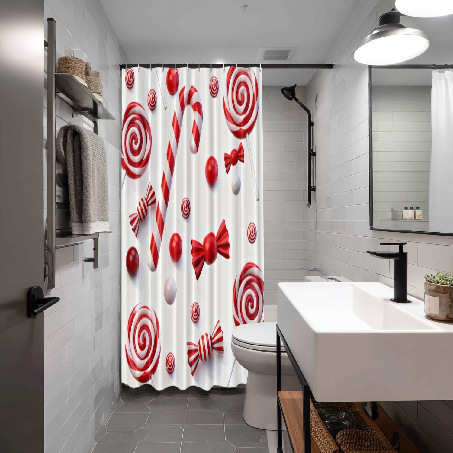 Batmerry Red White Brown Christmas Decorative Shower Curtain, Red White Green Sweet Peppermint Candy Striped Cute Long wide with Rust Proof Grommets for Bathroom Waterproof Washable