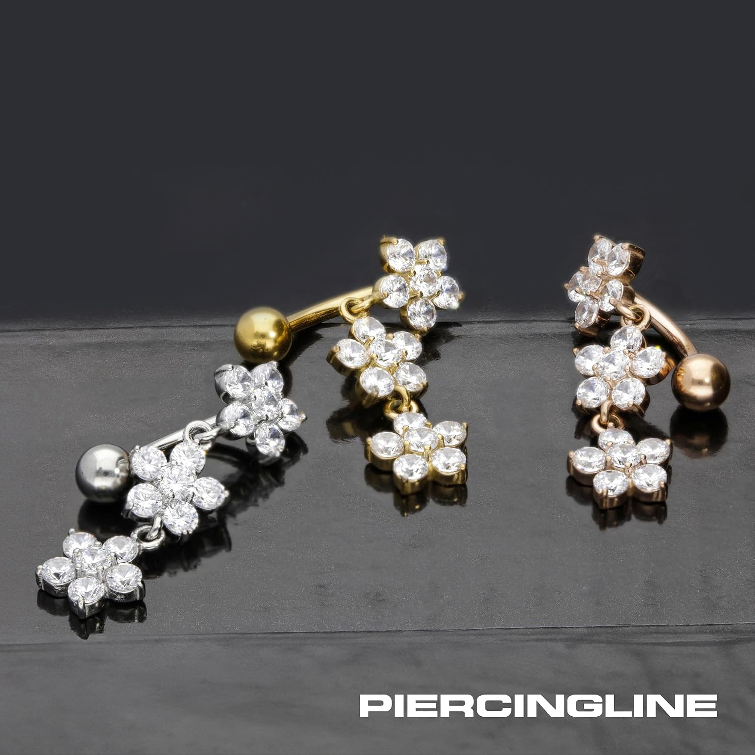 PIERCINGLINE surgical steel dangle belly button piercing with 3 crystal flowers - belly button ring surgical steel, gold, silver, rosegold piercing - new version with improved durability