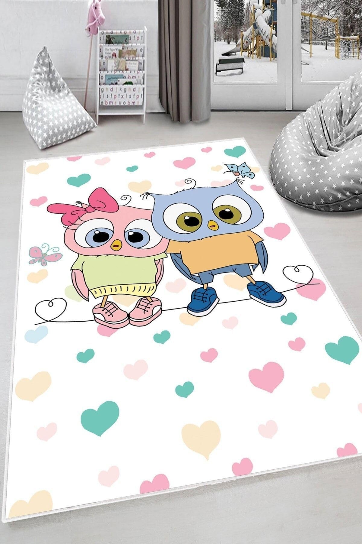 Pelangi Beyaz Kalp Ve Kuş Deseni Yıkanabilir Kaymaz Taban Leke Tutmazbebek Ve Çocuk Odası Halısı, Beyaz-Mavi 120 x 160, 901357098120160