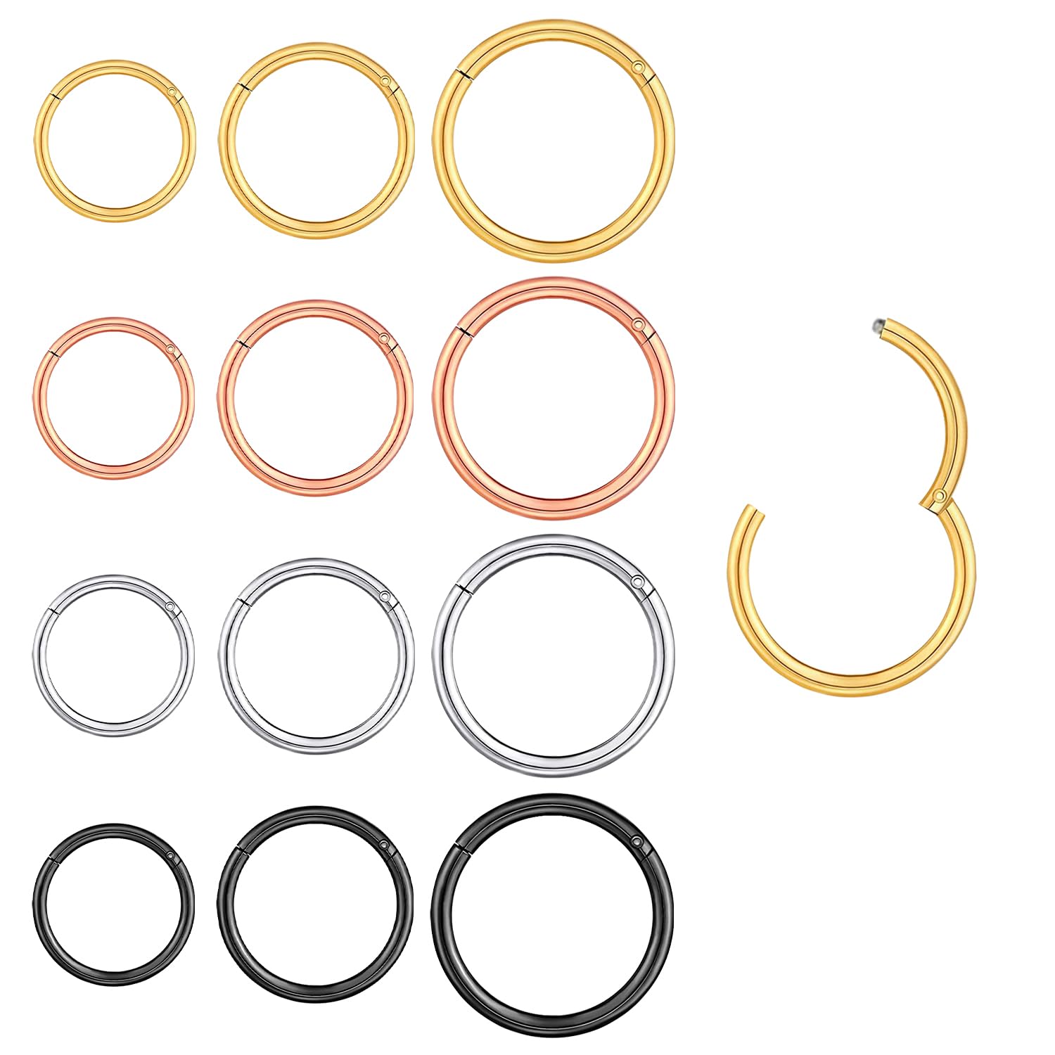 NTGRTY 12 Piezas Anillos de Nariz,Piercing Nariz Acero Inoxidable,Piercing de septum, Piercing de nariz Aros de labio Para Mujeres Hombres Plata,Negro,Oro,Oro rosa 6mm 8mm 10mm