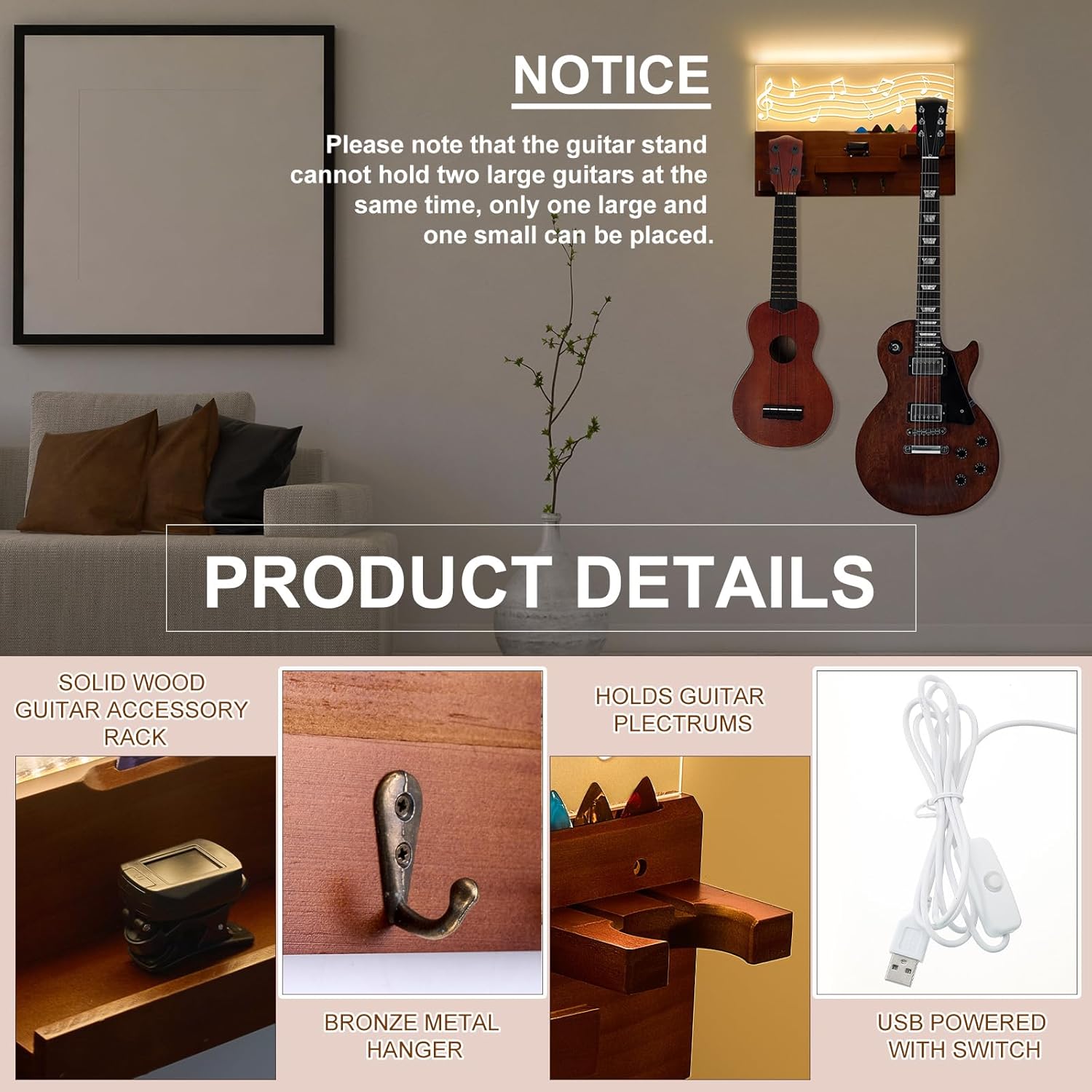 Light up Guitar Stand Wall Mount Wood Hanger Shelf with Pick Holder and 3 Hooks for Acoustic Electric Bass Ukulele Violin Guitar Gifts for Musicians Music Lovers Guitarist (Dark Color)