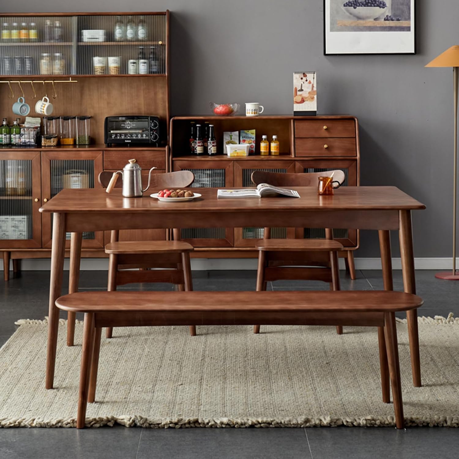 Mid Century Modern Dining Bench with Cushion Solid Wood Upholstery Perfect for Entryway Hallway Dining Room or Kitchen (55 Inches Gray)