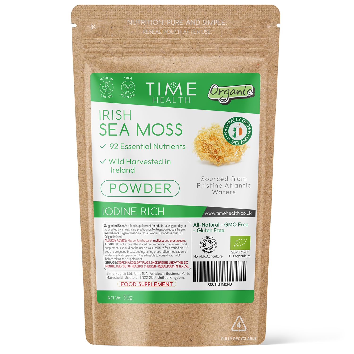 Time Health Organic Irish Sea Moss (Chrondrus crispus) - Wild Harvested from Irish Waters - Source of 92 Essential Nutrients - Iodine - Dr. Sebi - UK Made - GMP - Zero Additives (50g Powder Pouch)