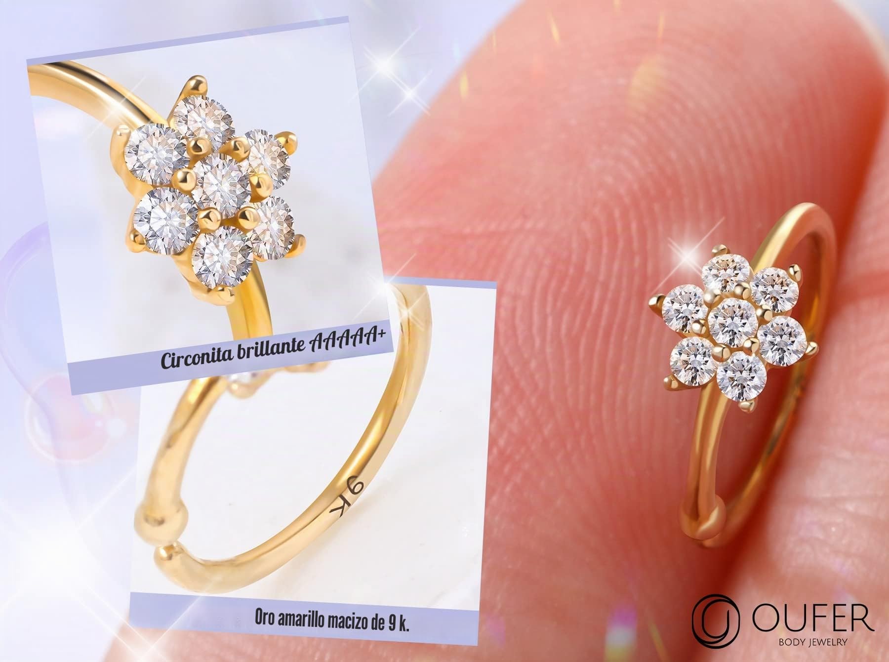 OUFER 9ct Oro Piercing Nariz Ring Hoop 20G 0.8mm Solid Nostril Earring 2mm CZ cartílago Pendiente Anillo Helix Hoop Tragus Trago Rook Cartilage Joyas Mujer Gift 8 mm