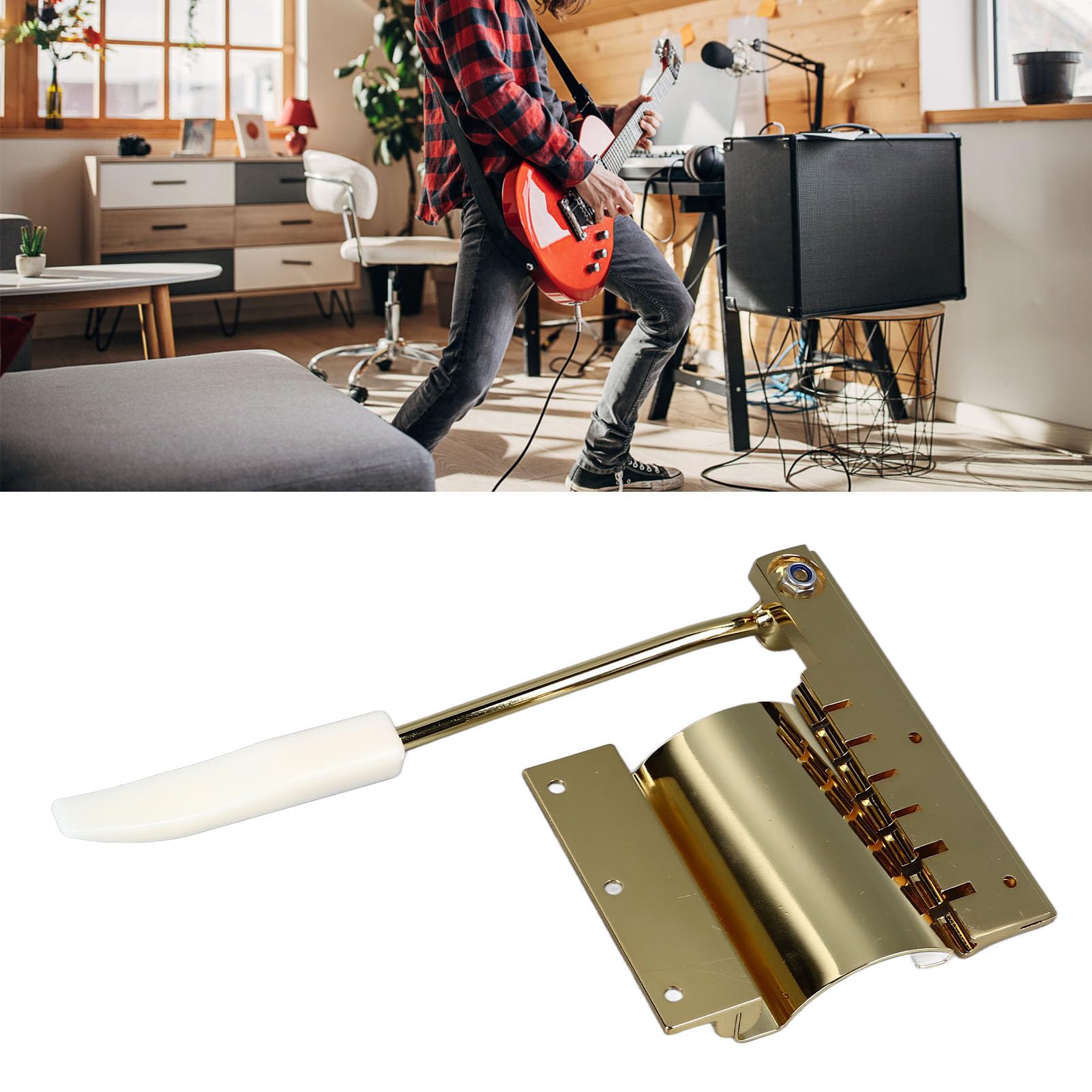 Fafeicy Gitara Elektryczna Treble Bridge Tremolo, Metalowy Zestaw Strun o Regulowanej Amplitudzie do SG, Idealny dla Muzyków (GOLD)