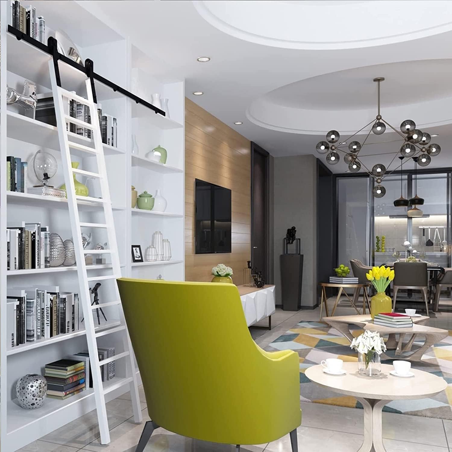 Rolling Library Sliding Ladder Hardware Kit - Sliding Barn Door Track Hardware Accessories, Mobile Ladder Guide Rail Accessories, Slide Smoothly and Quietly, (with Floor Rollers)