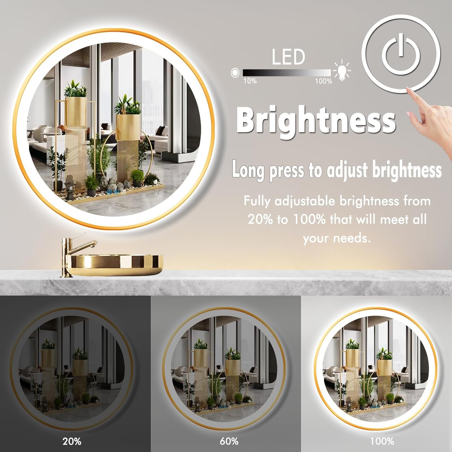 36 Inch Gold Round LED Mirror with Lights Gold Frame Round Lighted Mirror for Bathroom Wall Gold Round Lighted Vanity Mirror with Light 3 Color Dimmable AntiFog 36" Circle Light up Smart Mirror