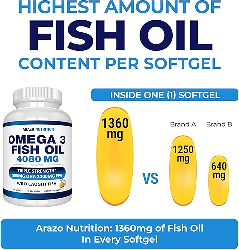 Miniatura 11 de Arazo Nutrition Wild Caught Omega 3 Aceite de pescado - 60 geles suaves - 4,080 mg de alto EPA 1200 mg DHA 900 mg sabor limón cápsulas blandas sin