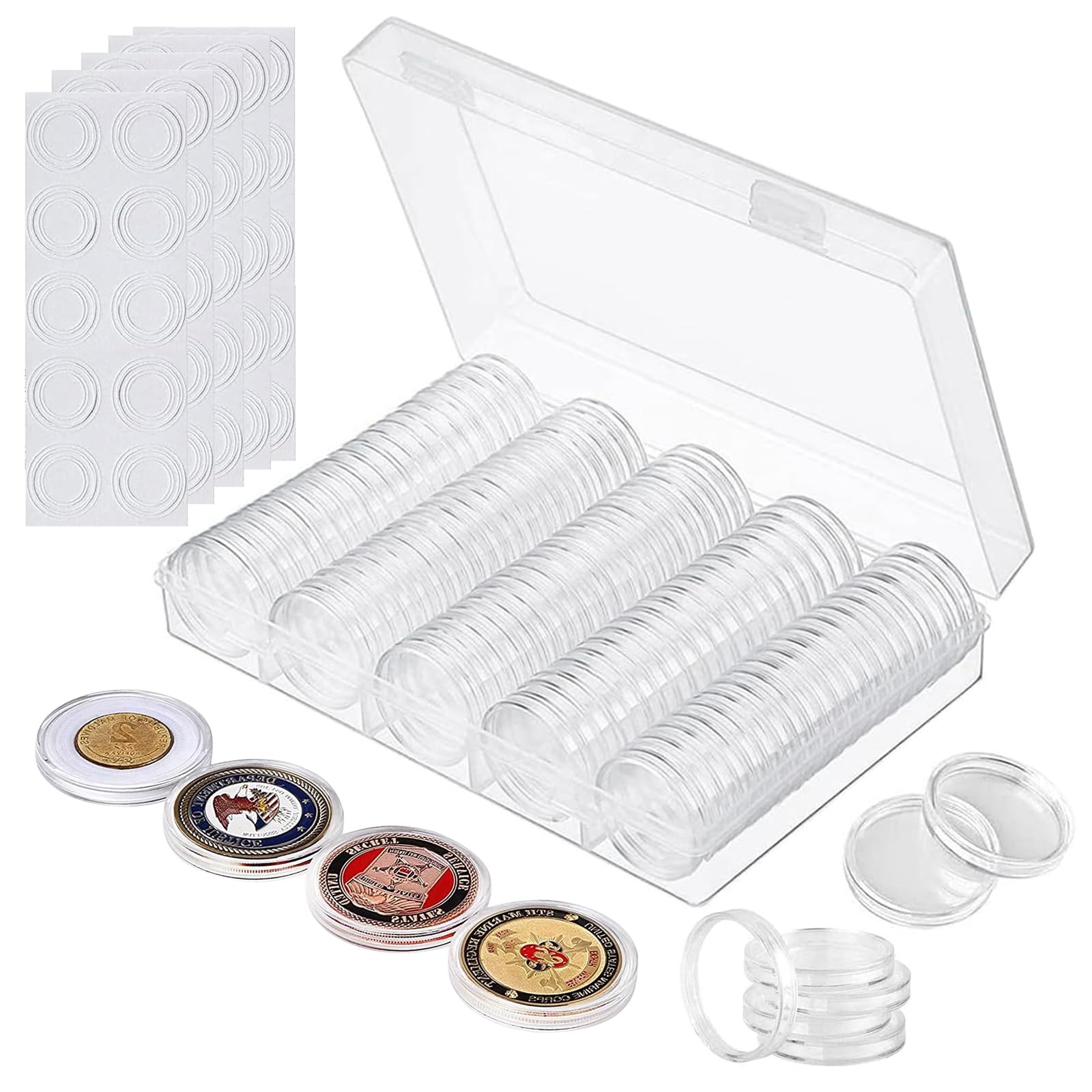 100 Pezzi Capsule di Monete, 30 mm Custodie per Monete in Plastica, Scatola Portamonete, Trasparente Rotondo Scatola Portamonete con 100 Guarnizione in Schiuma, 5 Dimensioni (17/20/25/27/30mm)
