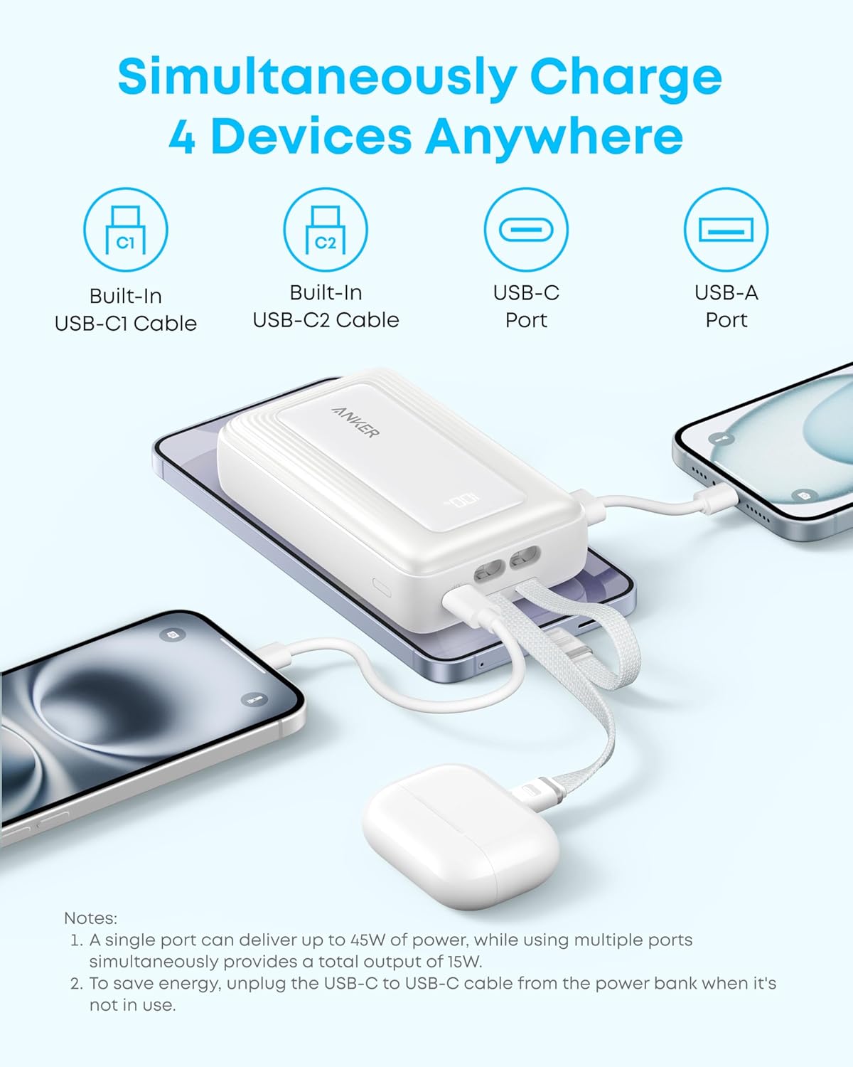 Anker Zolo Power Bank (2025 Upgraded Version), 45W Max Fast Charging, 20,000mAh Battery Pack, Dual Built-in USB-C Cables, USB-C&A Port, for iPhone 17/16 Series, Galaxy, MacBook, and More