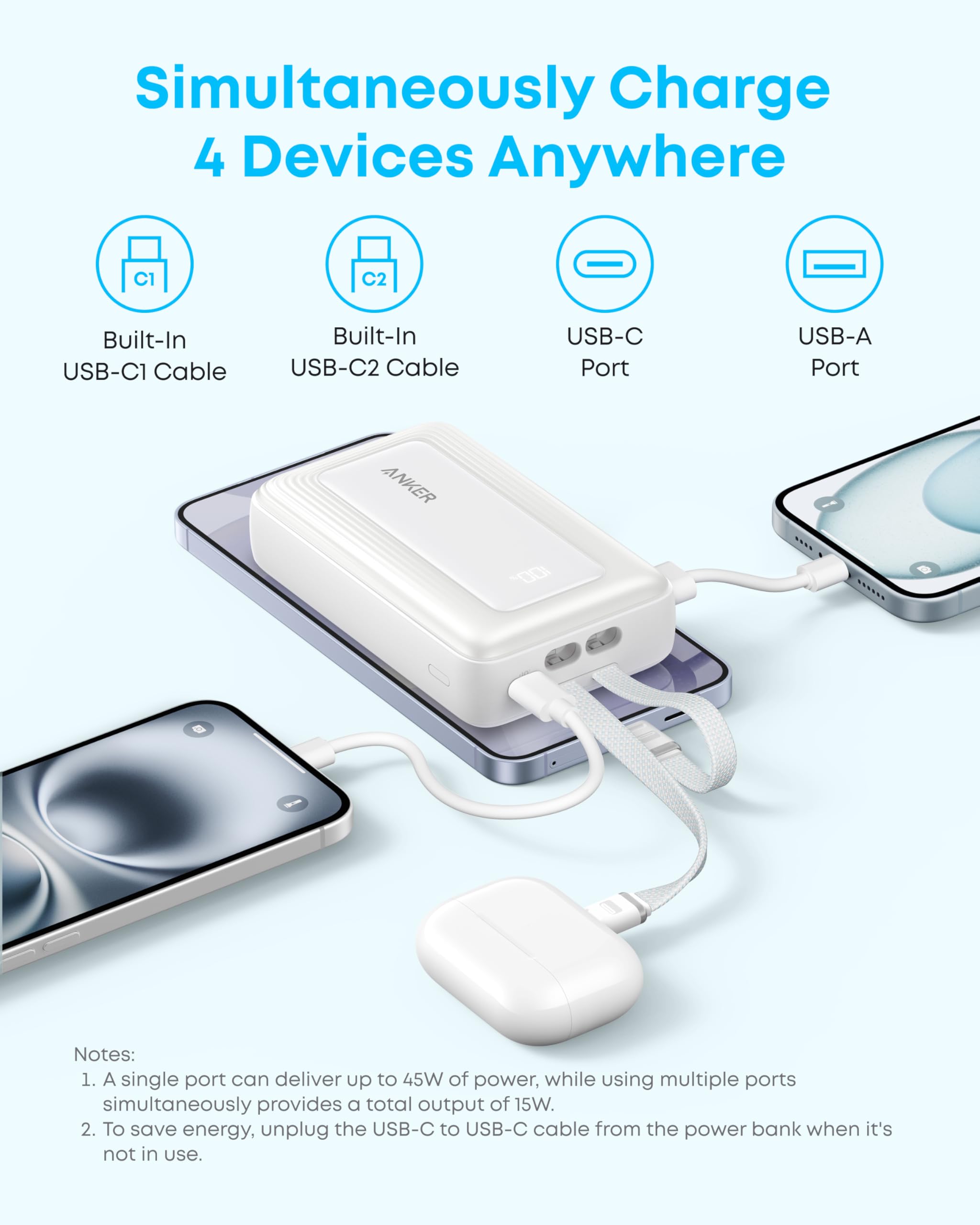 Anker Zolo Power Bank aggiornamento 2025 20.000 mAh | Ricarica rapida da 45 W, 2 cavi USB-C, per iPhone serie 17/16, Galaxy, MacBook e altri