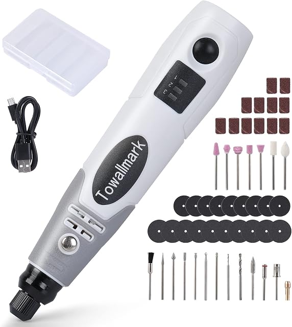 Cordless Rotary Tool Mini, Towallmark Rotary Tool Kit 3.6V with 50 Accessories, USB Charging and 3-Speed for Delicate & Light DIY Work Engraving Grinding Polishing,Small Projects
