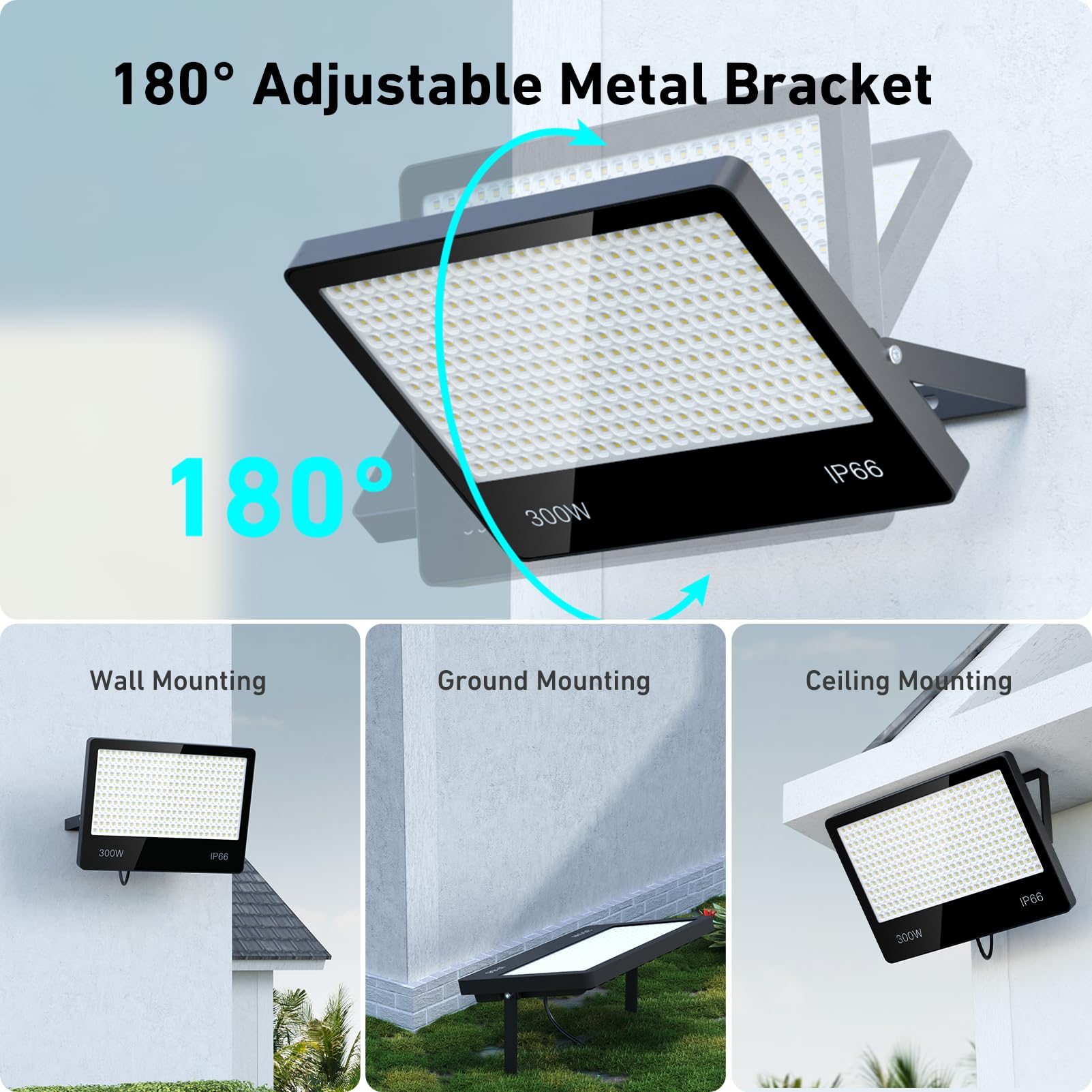 Focos LED Exterior 300W - 30000LM 6500k Blanco Frío Superbrillante Proyector LED Exterior, IP67 Impermeable Luz Exterior para Estadios, Patios, Carreteras, Garajes