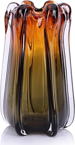Blown Brown Large Glass Flower Vase, Unique Art Fancy Glass Wide Mouth Vase for Modern Home Decor Centerpiece, Coffee Table, Living Room, Office and Wedding Decor - 11" H (L)