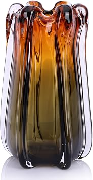 Blown Brown Large Glass Flower Vase, Unique Art Fancy Glass Wide Mouth Vase for Modern Home Decor Centerpiece, Coffee Table, Living Room, Office and Wedding Decor - 11" H L