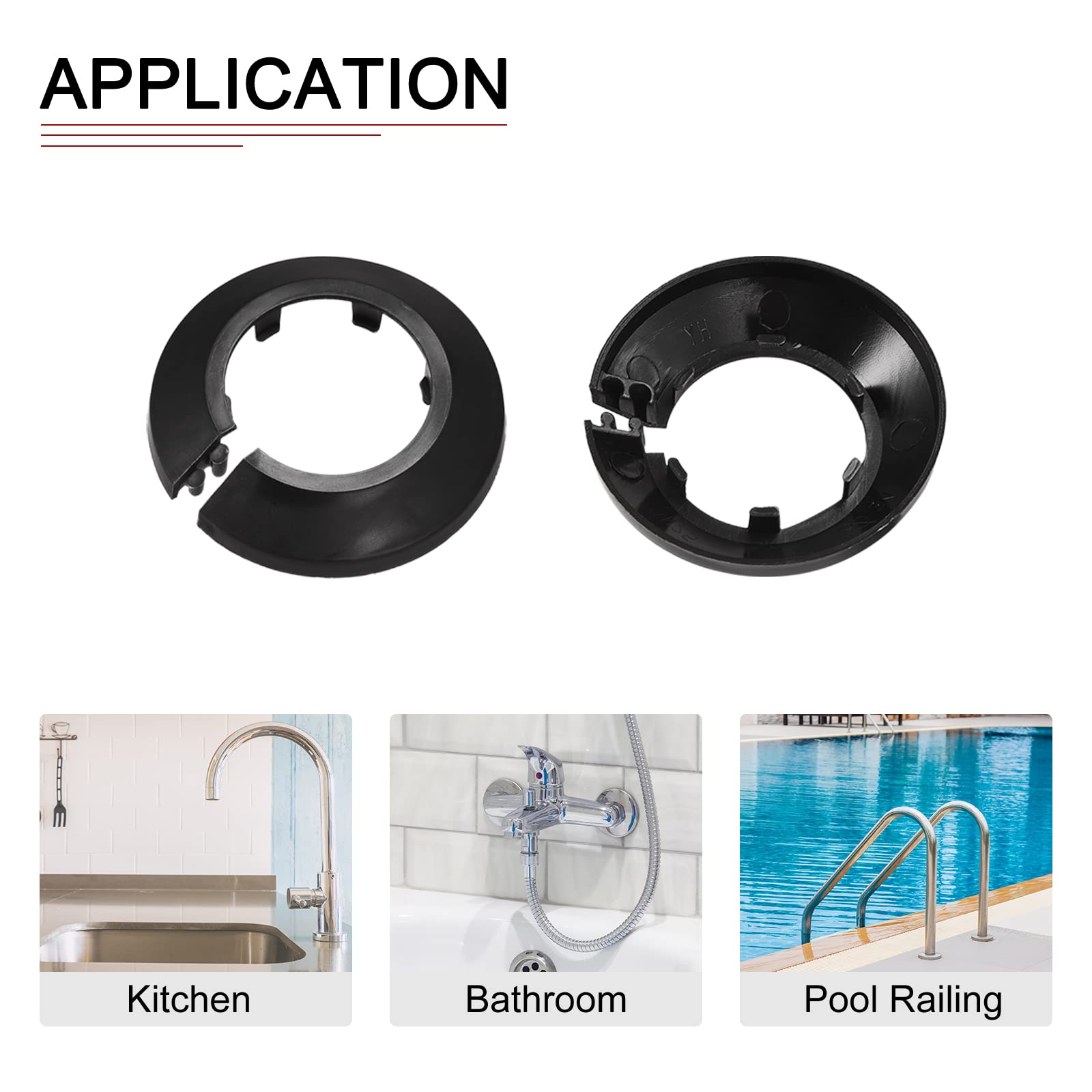 DTGN 62x14mm(DxT) Pipe Cover Decoration - 10Pack - Good for Bathroom Kitchen 34mm Dia Pipe - PP Plastic Escutcheon - Black - Image 4