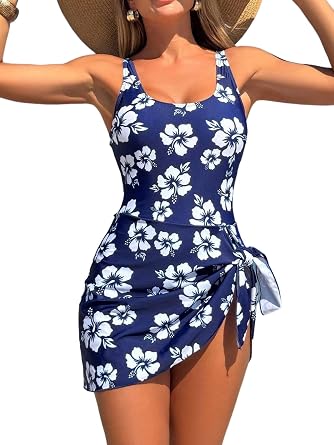 Women s Summer Swimwear Floral Plants All Over Print Boho High Waist Skirt More Coverage Blue and White Vacation Tankini Top L