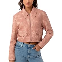 Women's Short Moto Jacket Collared Zip Up Motorcycle Coat Suede Vegan Leather Fall Pockets Slim Fit Crop Jackets