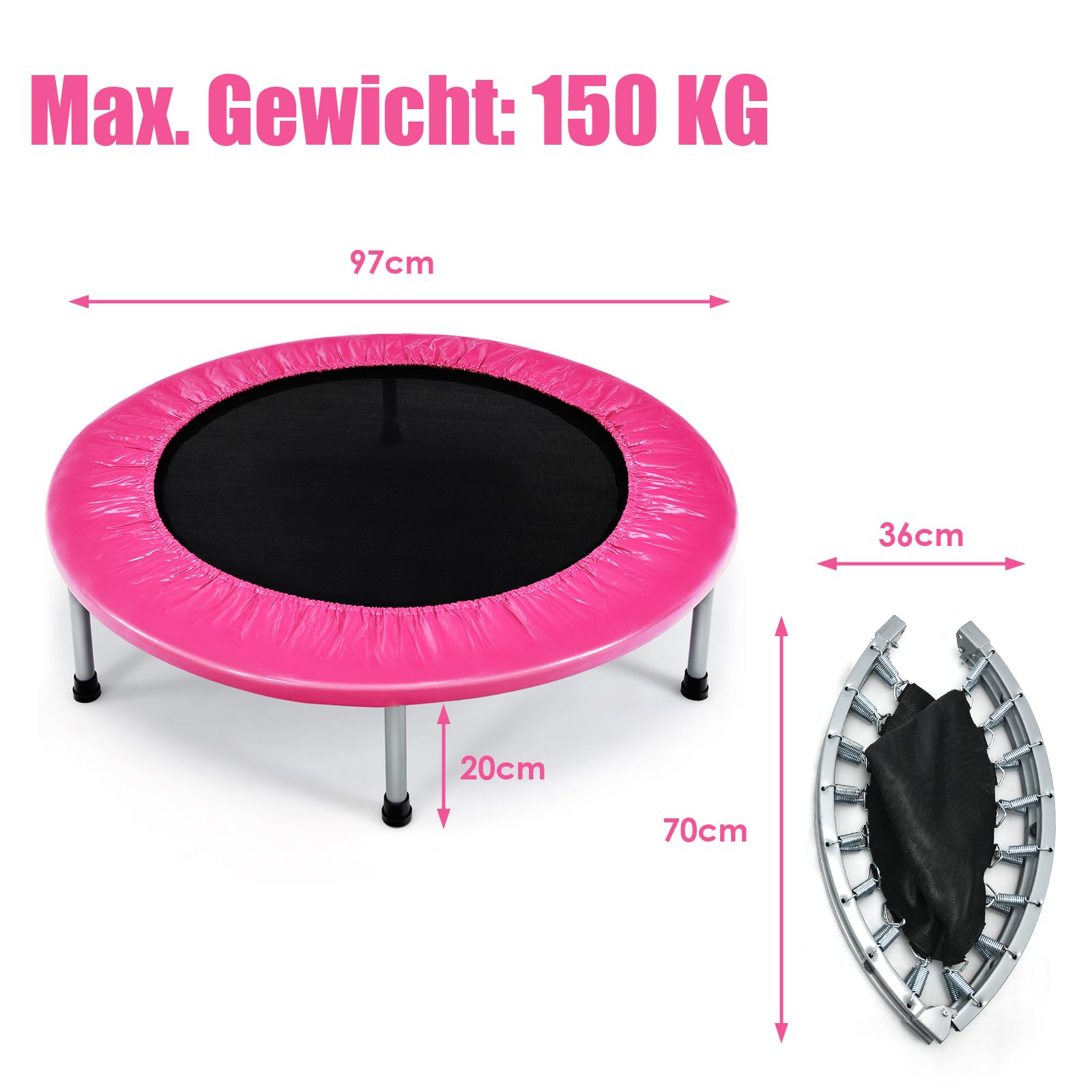 GOPLUS Składana trampolina dla dzieci, ze stali, udźwig do 150 kg, składana trampolina z antypoślizgowymi nóżkami, do fitnessu, utraty wagi, do użytku wewnątrz (różowa)