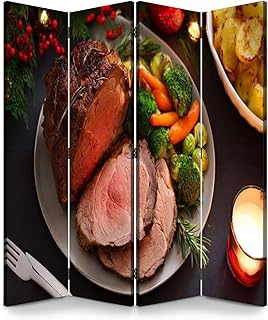 4 Panel Folding Room Divider Roasted Beef Christmas Decorations New Year Dinner Table Wall Privacy Screen Portable Partition Room Separator Panel for Home Office Bedroom