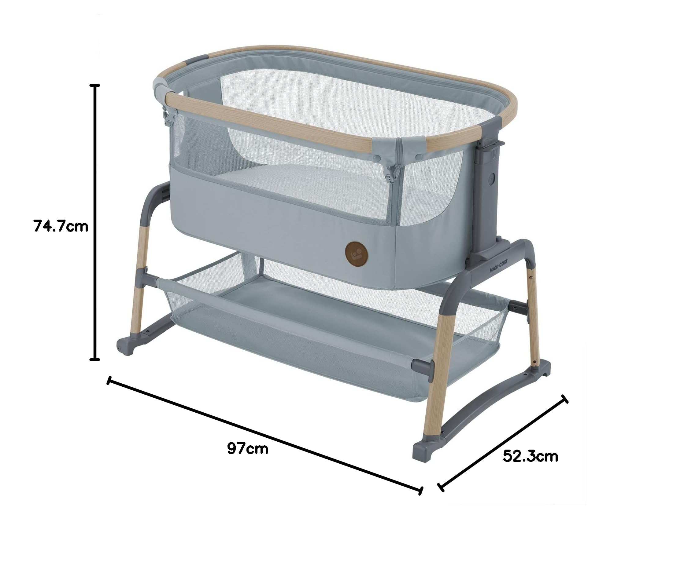 Maxi-Cosi Iora Air Cuna Colecho Bebe, Malla Integral, 0 - 6 meses (9 kg), Modo Mecedora, 4 Posiciones de Inclinación y 5 de Altura, Fácil Deslizamiento, Fácil Transporte, 2 Ruedas, Beyond Grey