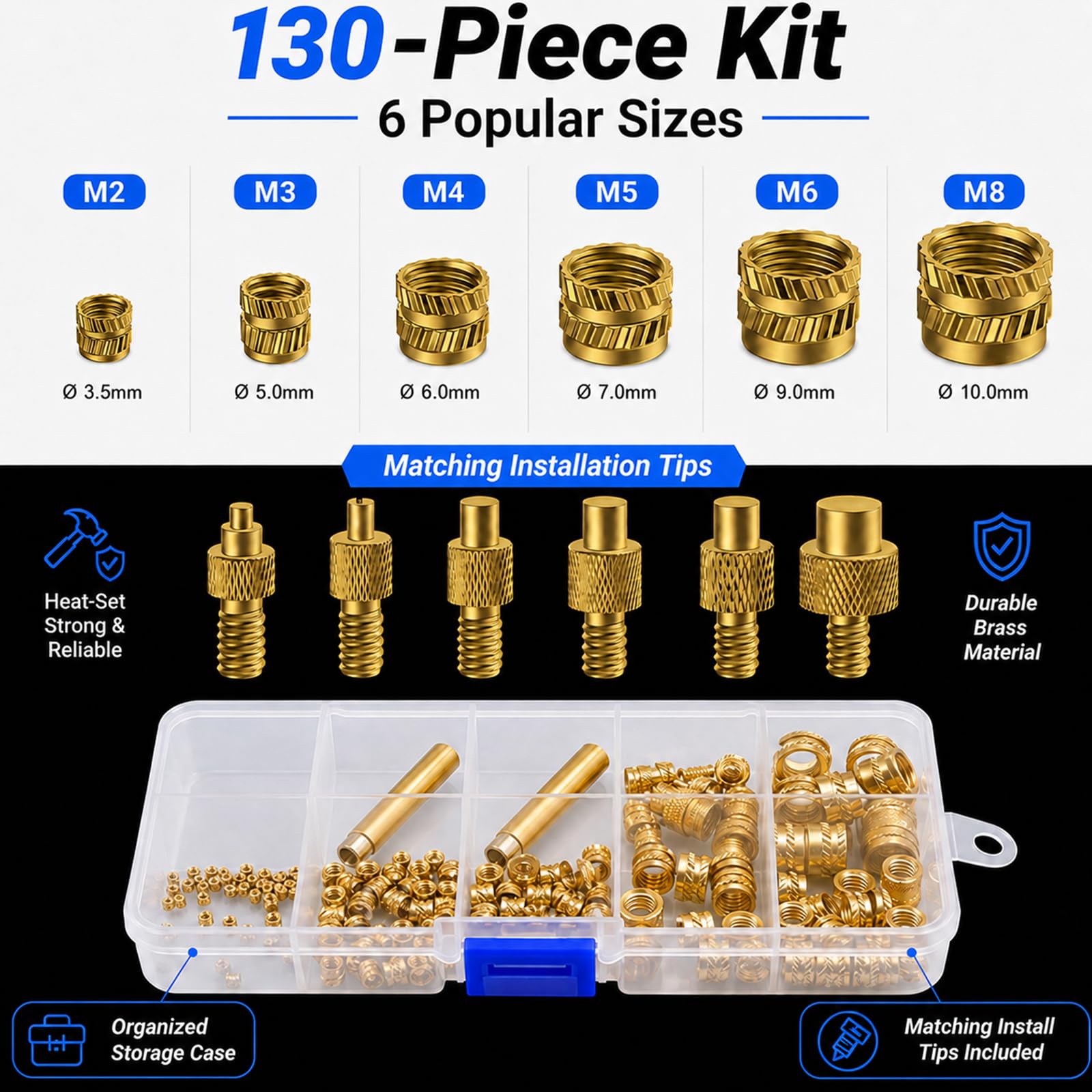 Gewindeeinsätze Lötspitzen Set – 6PCS Lötspitzen & 130PCS Gewindeeinsätze M2/M3/M4/M5/M6/M8 & 2 Adapter inkl.Temperatur Einstellbar Lötkolben 3D Druck Zubehör