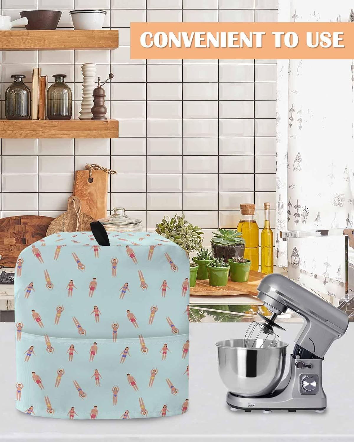 Summer Swimmers Stand Mixer Cover with Storage Pocket, Waterproof Kitchen Mixer Covers, Cartoon Swimming Girls Boys Sports Kitchen Appliance Dust Cover Compatible with 5-8 Quart Mixers