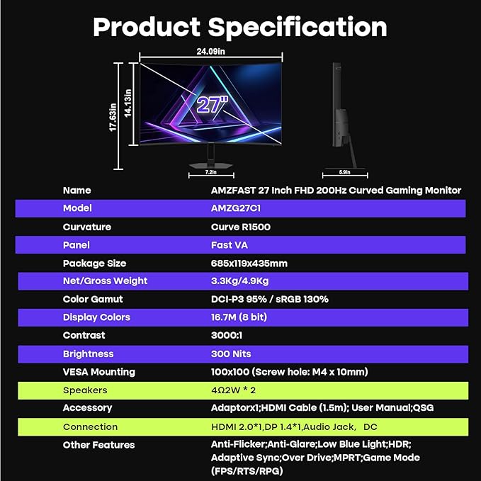 Monitor Curvo Gaming 27 Pulgadas FHD 200Hz con Altavoces miniatura 9