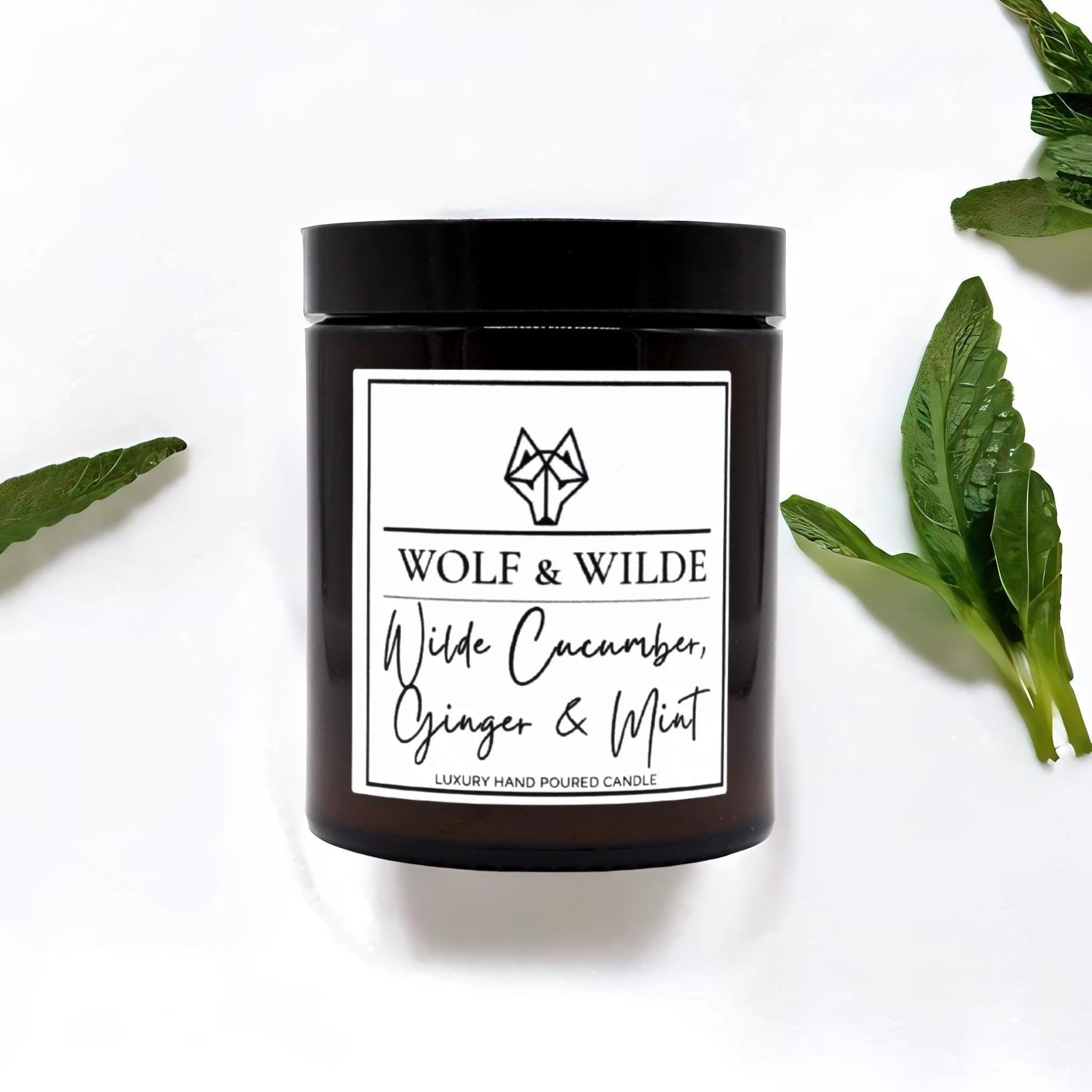 Wilde Cucumber, Ginger & Mint Luxury Aromatherapy Scented Candle in Amber Glass Jar 200g by Wolf & Wilde