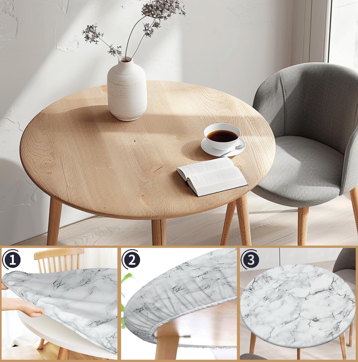 Condition photo showing As Is for waterproof tablecloth with elastic tablecloth for round tables 36"-70" for indoor outdoor patio use, 52inch, white and gray marble d-white and gray marble 52" (round)