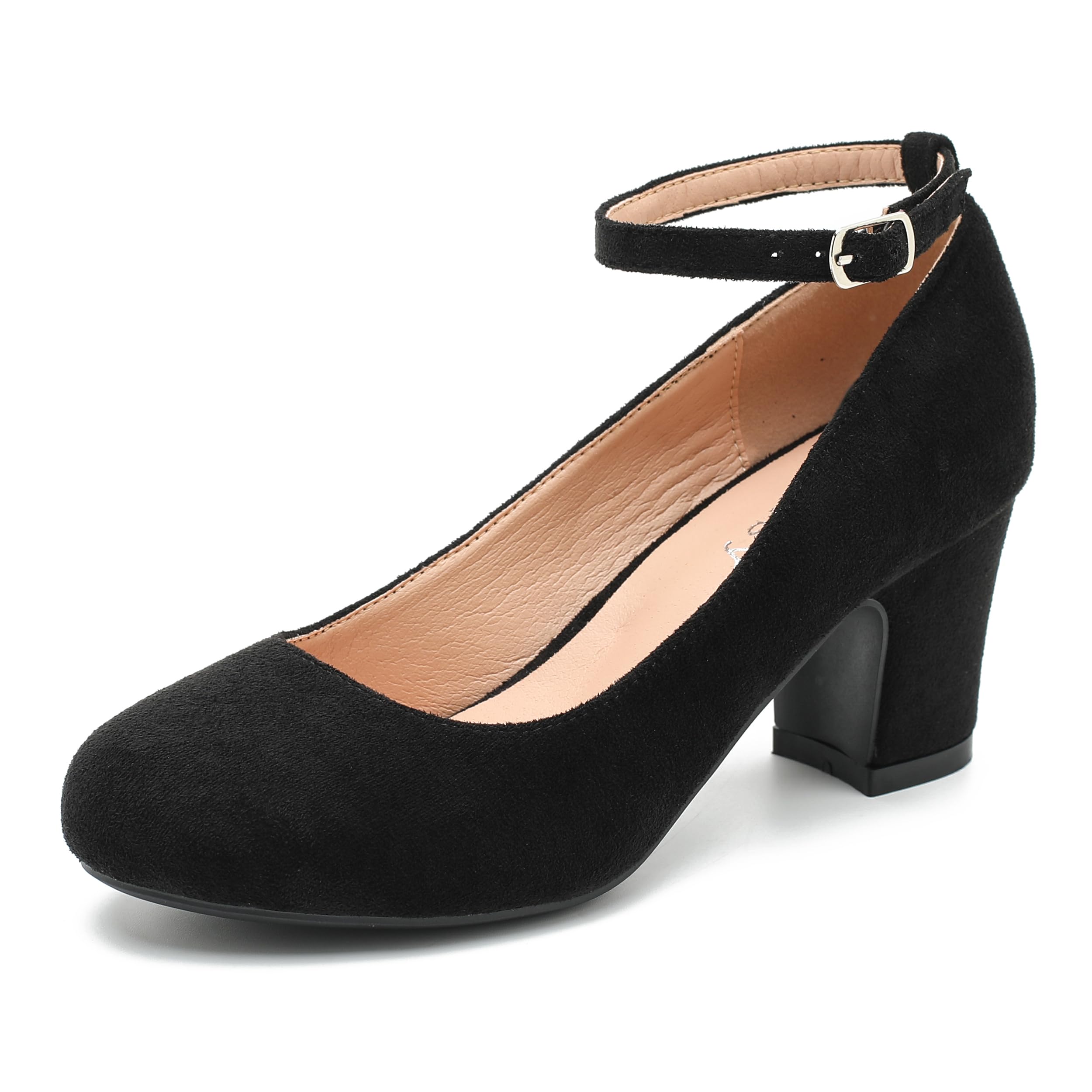 Women's Ankle Strap Low Block Chunky Heels Pumps Closed Round Toe Dress Shoes