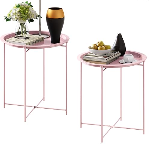 Juego de 2 mesas auxiliares rosas para exteriores, mesas auxiliares redondas plegables de metal para patio pequeño, sala de estar, dormitorio,
