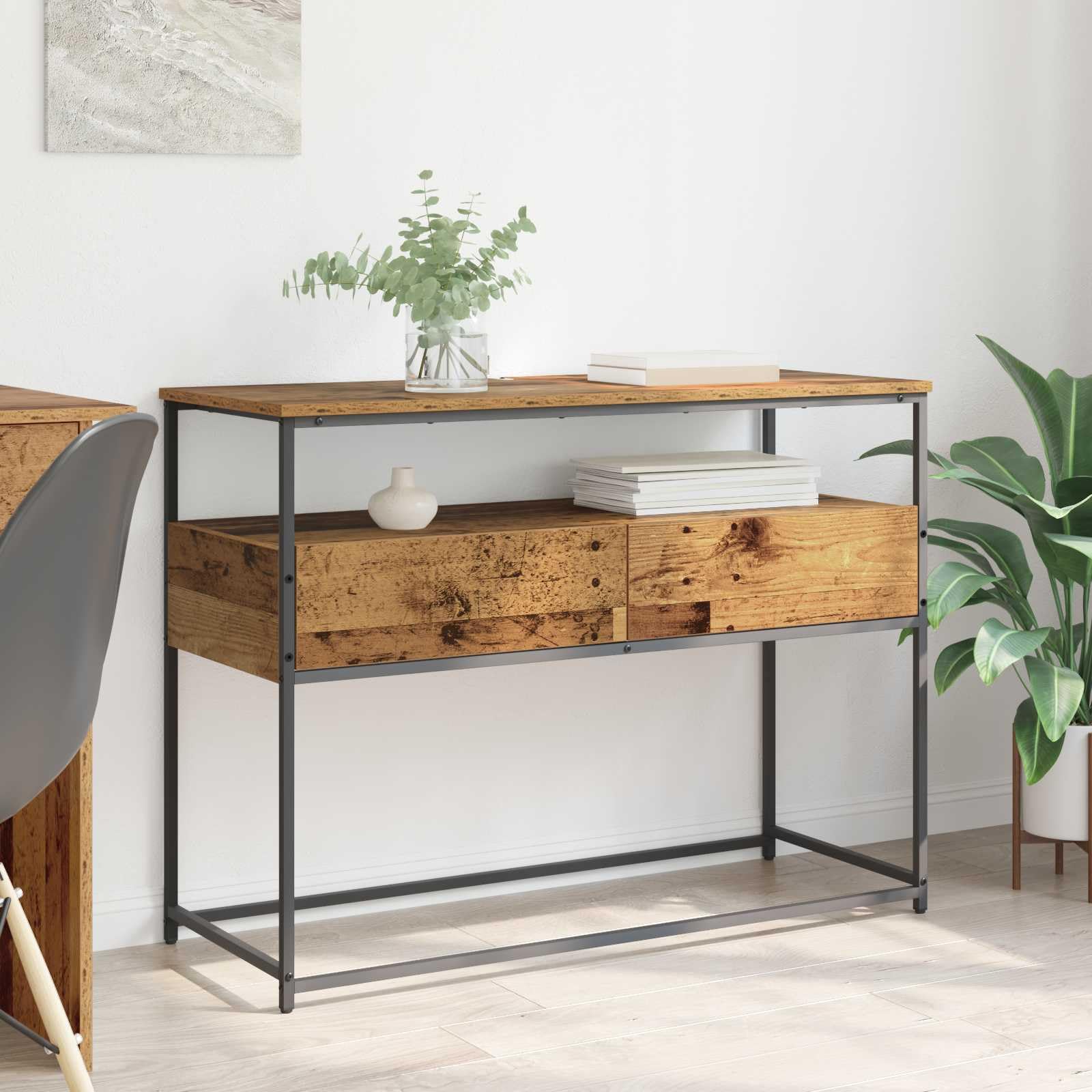 Table console en bois vieilli compacte idéale pour ranger un couloir encombré