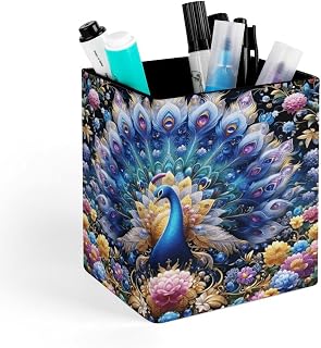 Colorful Peacocks PU Leather Square Pen Holder for Home Office | Stand Desk Organizer, Makeup Brush Container, Multifunctional Stationery Storage Box, Workspace Supplies Accessories