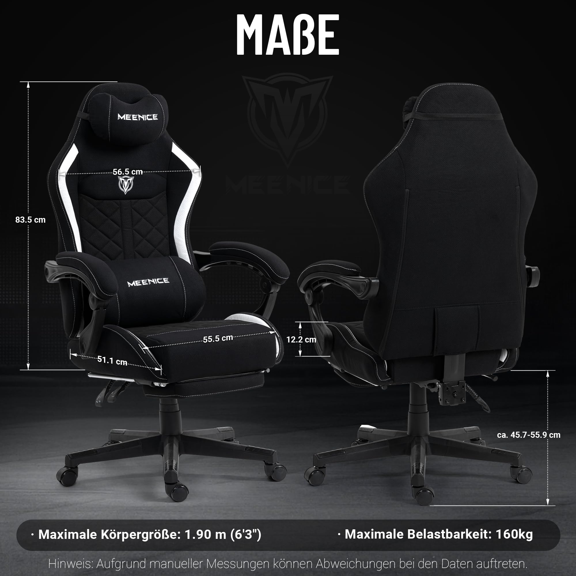 Gaming Stuhl Stoff Big and Tall mit Taschenfederkern, Ergonomischer Gaming Chiair Belastbar bis 160kg, Großer Gaming Sessel mit Fußstütze & Lendenkissen, Gamer Stuhl für Erwachsene Schwarz