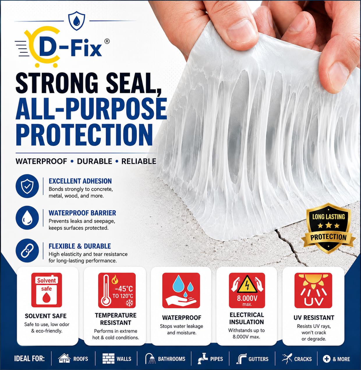 D-fix® Waterproof Repair Tape for Pipe Leakage Roof Water Leakage Solution Aluminium Foil Tape Waterproof Adhesive Sealing Butyl Rubber Tape for Surface Crack (Silver) (10CM x 5M) 2