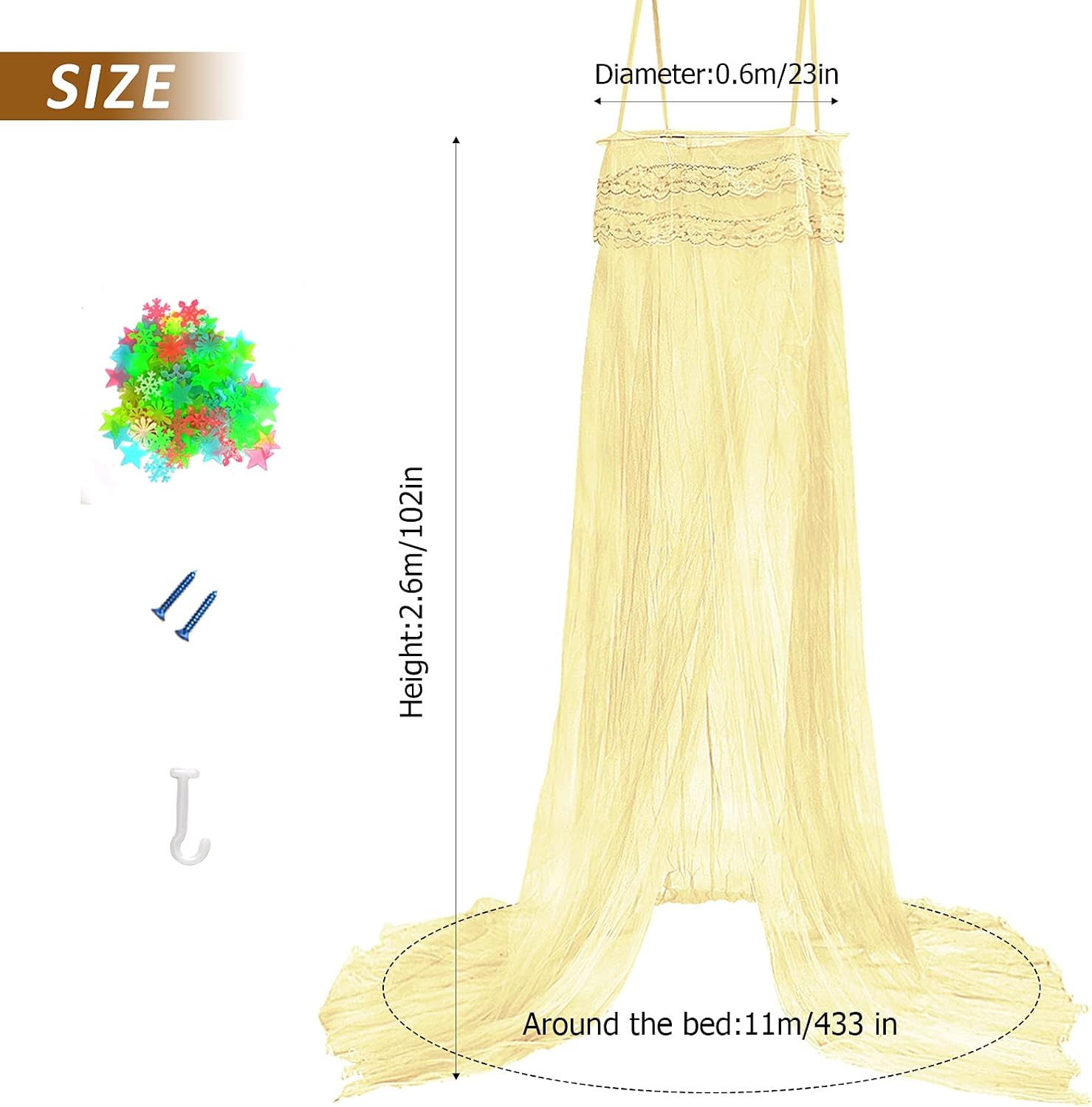 Bed Canopy, with Stars Snowflake Stickers Bed Curtain for Single to King Size Canopy Bed Curtain for Girls Baby Kids Adult Quick Easy Installation for Camping, Patio, Bedroom Decoration (Yellow)