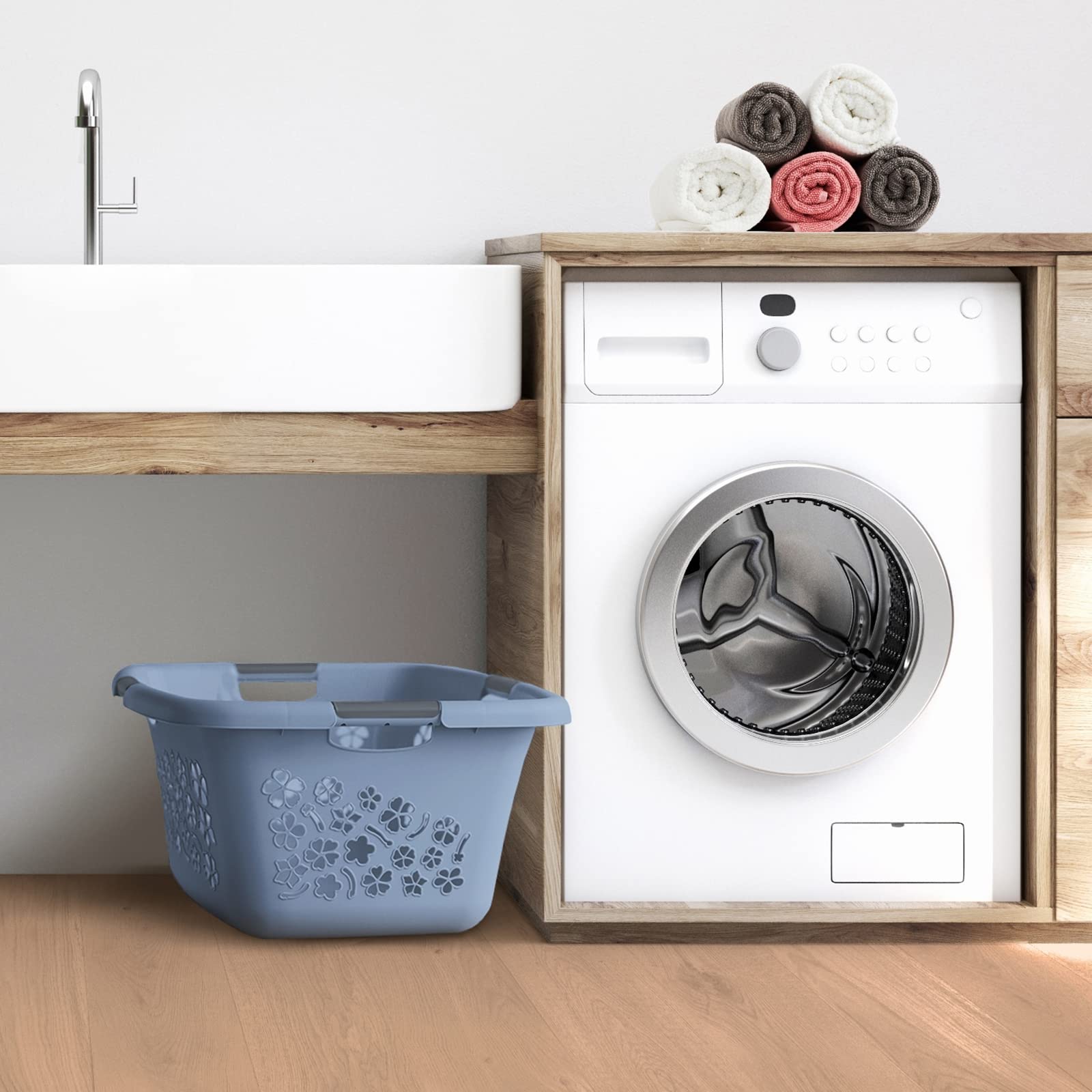 Rotho Flowers Wäschekorb Wäschesammler 3er-Set 3 x 50 L Kunststoff Blau | Laundry Basket, Wäschekorb Plastik im 3er-Set, je 50 L, drei einzelne Körbe, blaues Flowers Design aus PP-Kunststoff