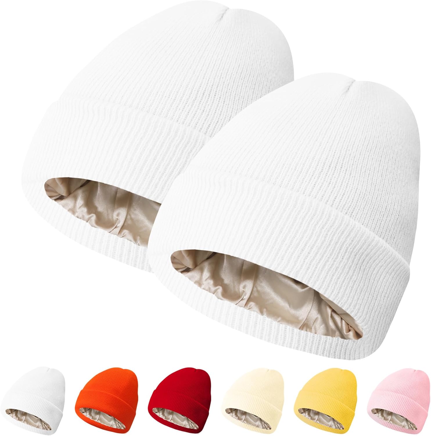 PFFY 2 Packs Womens Satin Lined Beanie Hat Silk Lining Winter Hats Beanies for Women Soft Slouchy Beanie Skull Cap